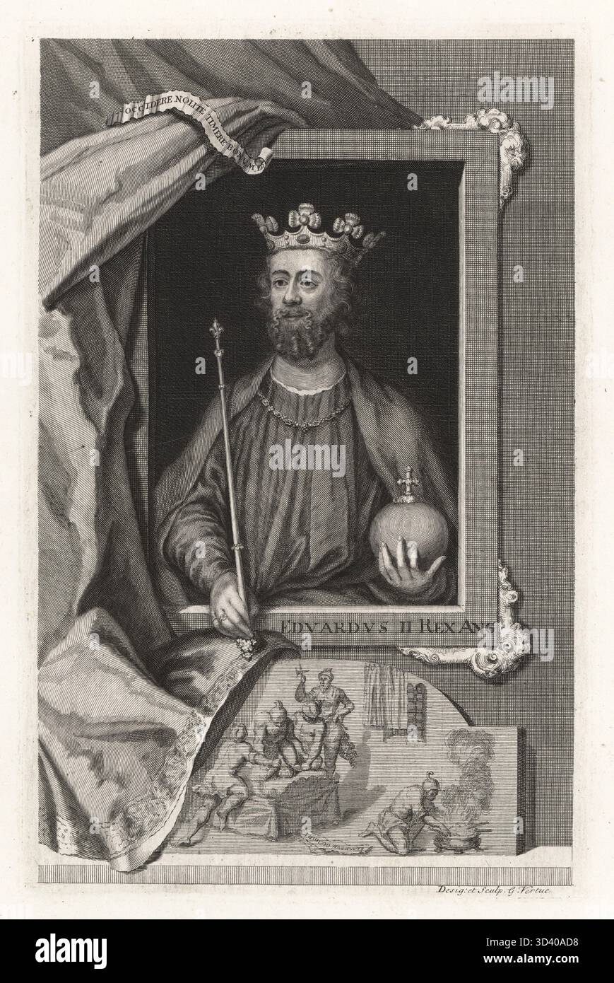 Édouard II, Édouard de Caernarvon, roi d'Angleterre, 1284-1327. Portrait du roi en couronne et manteau, tenant orbe et sceptre, rideau suspendu au-dessus du cadre. Vignette montrant son meurtre avec un poker rouge chaud dans son anus alors qu'il était emprisonné au château de Berkeley. Edvardus II Rex Ang. Gravure sur cuivre dessinée et gravée par George Vertue de ses têtes des rois d'Angleterre, propre à l'histoire de M. Rapin, traduite par N. Tindal, imprimée pour James, John et Paul Knapton, Londres, 1736. Banque D'Images