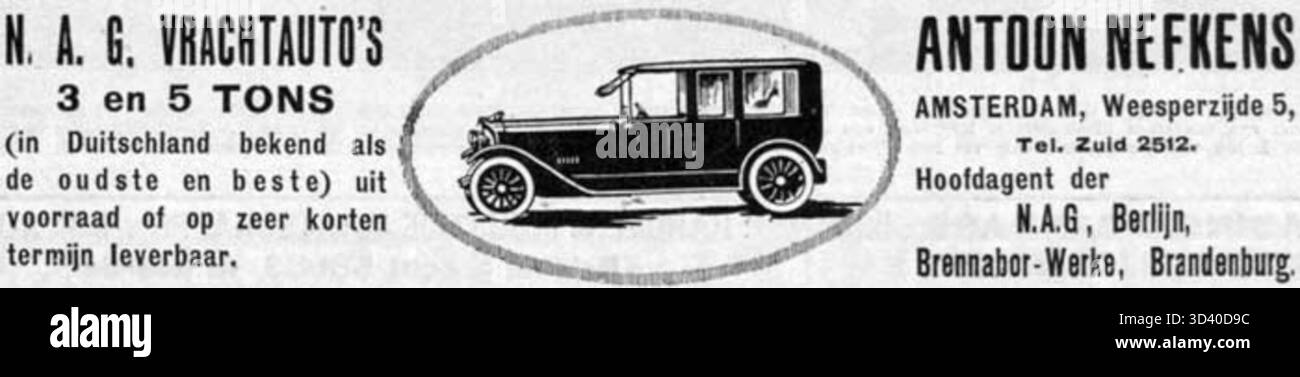 Octobre 1919 publicité pour les voitures N.A.G. par Antoon Nefkens, Amsterdam, faisant la promotion de la marque automobile allemande. Banque D'Images