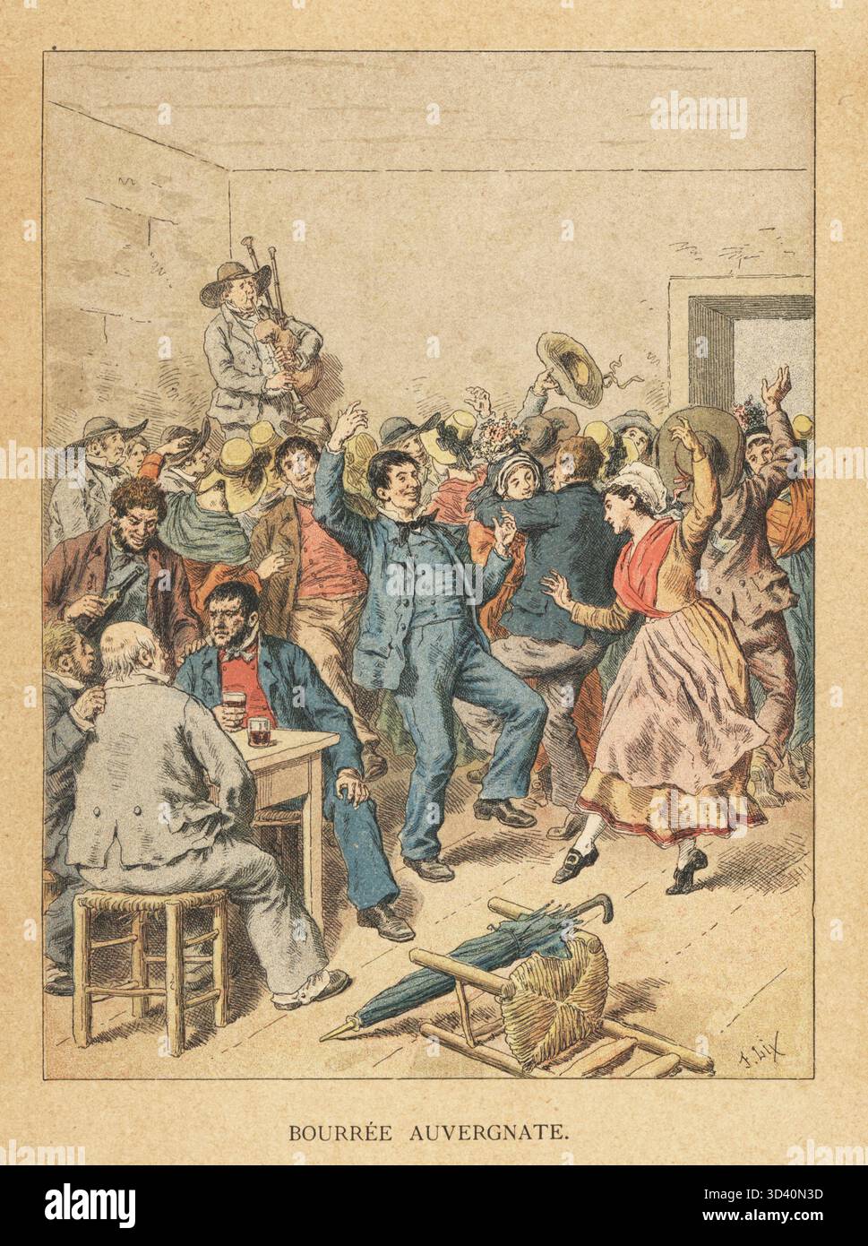 Ouvriers dansant le borry à Augergne, France, XIXe siècle. Un cornemuse se tient sur une table dans le coin tandis que les hommes et les femmes dansent une danse folklorique animée appelée bourree ou bore. Les hommes s'assoient à une table et boivent du vin. Bourree auvergnate. Chromolithographie de S. Krakow d'après une illustration de Frédéric Lix tirée des peuples de la terre de Charles Delon, peuples de la Terre, Paris, 1890. Banque D'Images