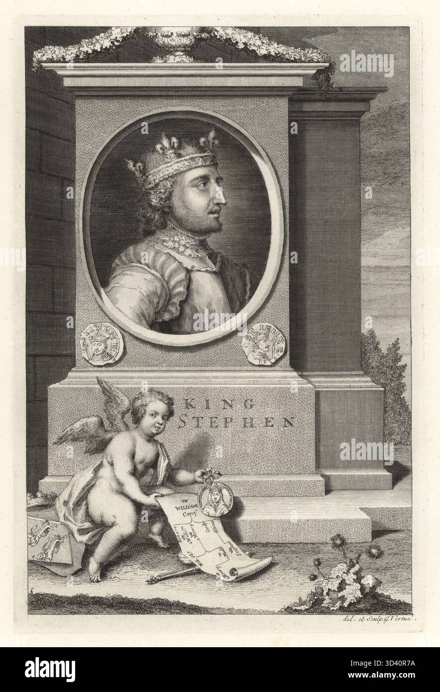 Étienne de Blois, roi d'Angleterre, c.1092-1154. Portrait de buste avec couronne, urne avec guirlandes, sceaux, sceptre, chérubin ailé tenant un arbre généalogique et portrait de l'impératrice Mathilde. Roi Stephen. Gravure sur cuivre dessinée et gravée par George Vertue de ses têtes des rois d'Angleterre, propre à l'histoire de M. Rapin, traduite par N. Tindal, imprimée pour James, John et Paul Knapton, Londres, 1736. Banque D'Images