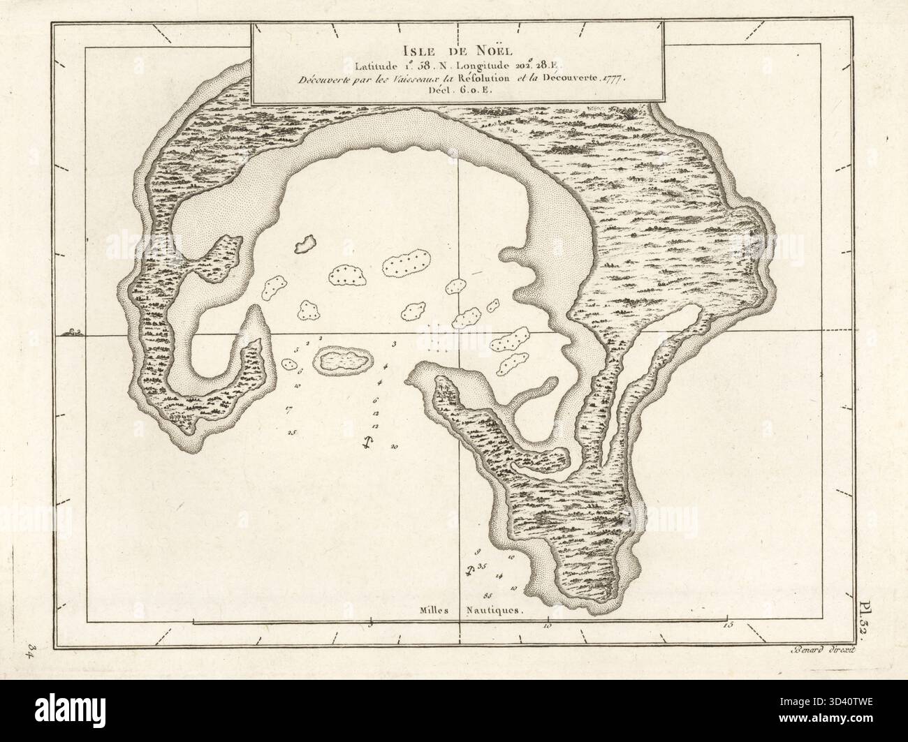 Carte de Kiritimati ou île Christmas, atoll dans la république de Kiribati. Isle de Noel. Gravure sur cuivre réalisée par Robert Benard d'après une illustration de John Webber tirée de la traduction française du troisième voyage du capitaine James Cook, Troisieme voyage de Capitaine Cook, Hôtel de Thou, Paris, 1785. Banque D'Images
