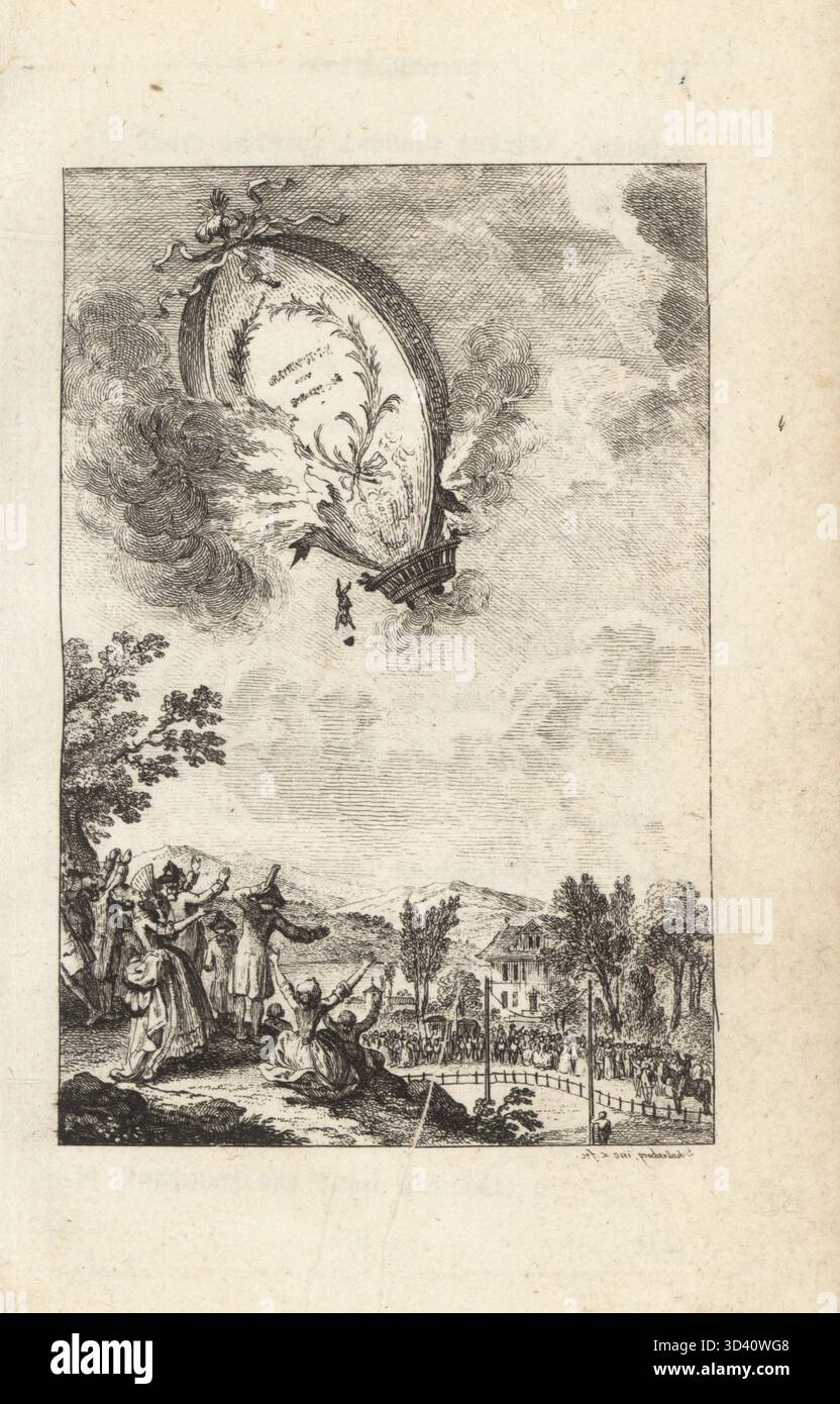 Mort d'un montgolfière dans un ballon de style montgolfière. La mort pousse le pilote d'un ballon explosant au-dessus d'une foule nombreuse, 18ème siècle. Le ballon. Der Aerostat. Signature en écriture miroir. Gravure sur cuivre dessinée et gravée par Johann Rudolf Schellenberg de Freund Heins Erscheinungen de Johan Karl Musaus dans Holbeins Manier, (apparitions de la mort à la manière de Holbein), Heinrich Steiner, Winterthur, 1785. Banque D'Images
