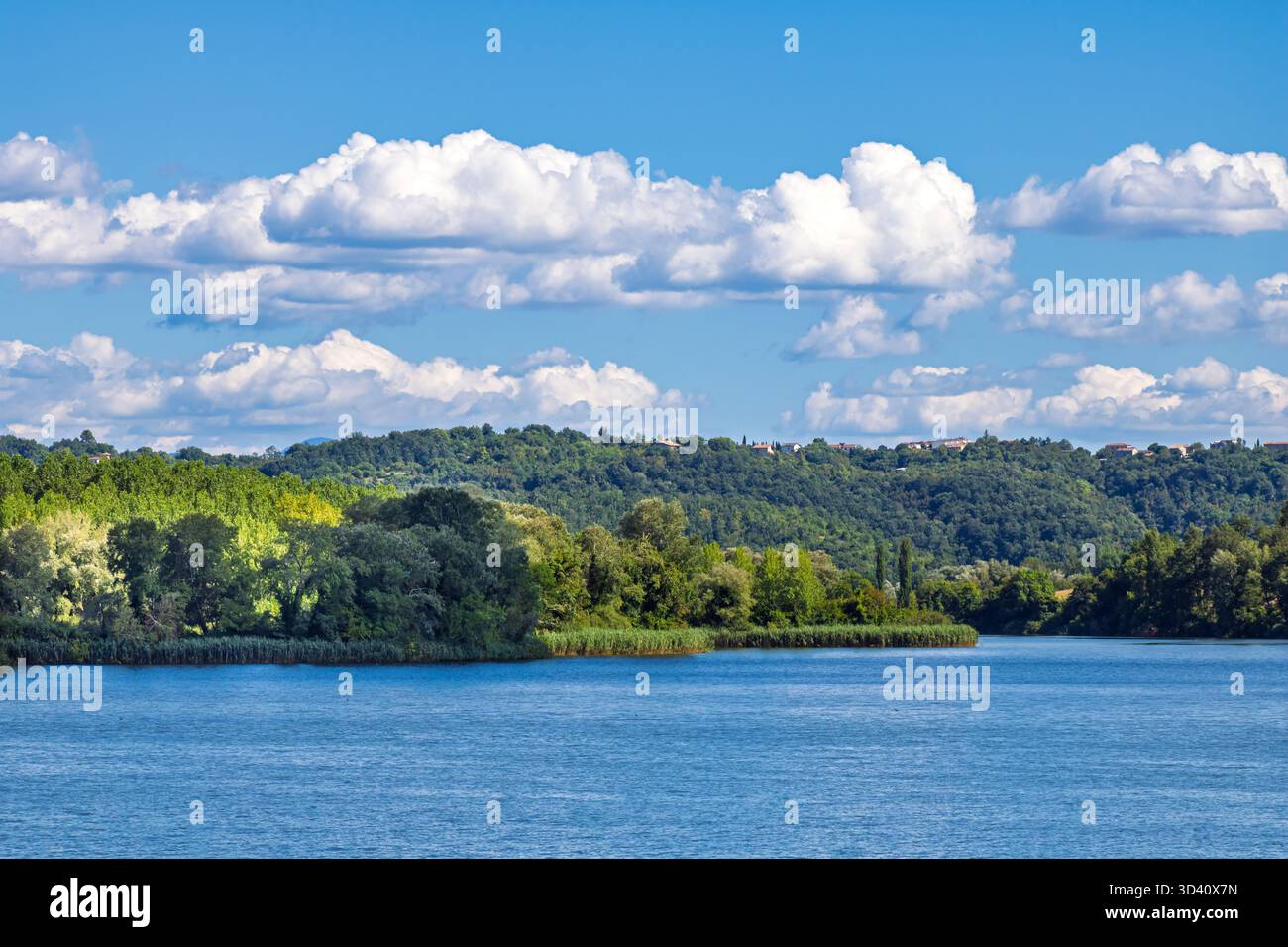 Vue sur le lac Piediluco, situé près de Terni, Ombrie (Italie), entouré de collines verdoyantes sous un ciel bleu clair avec des nuages blancs. Cette sce paisible Banque D'Images
