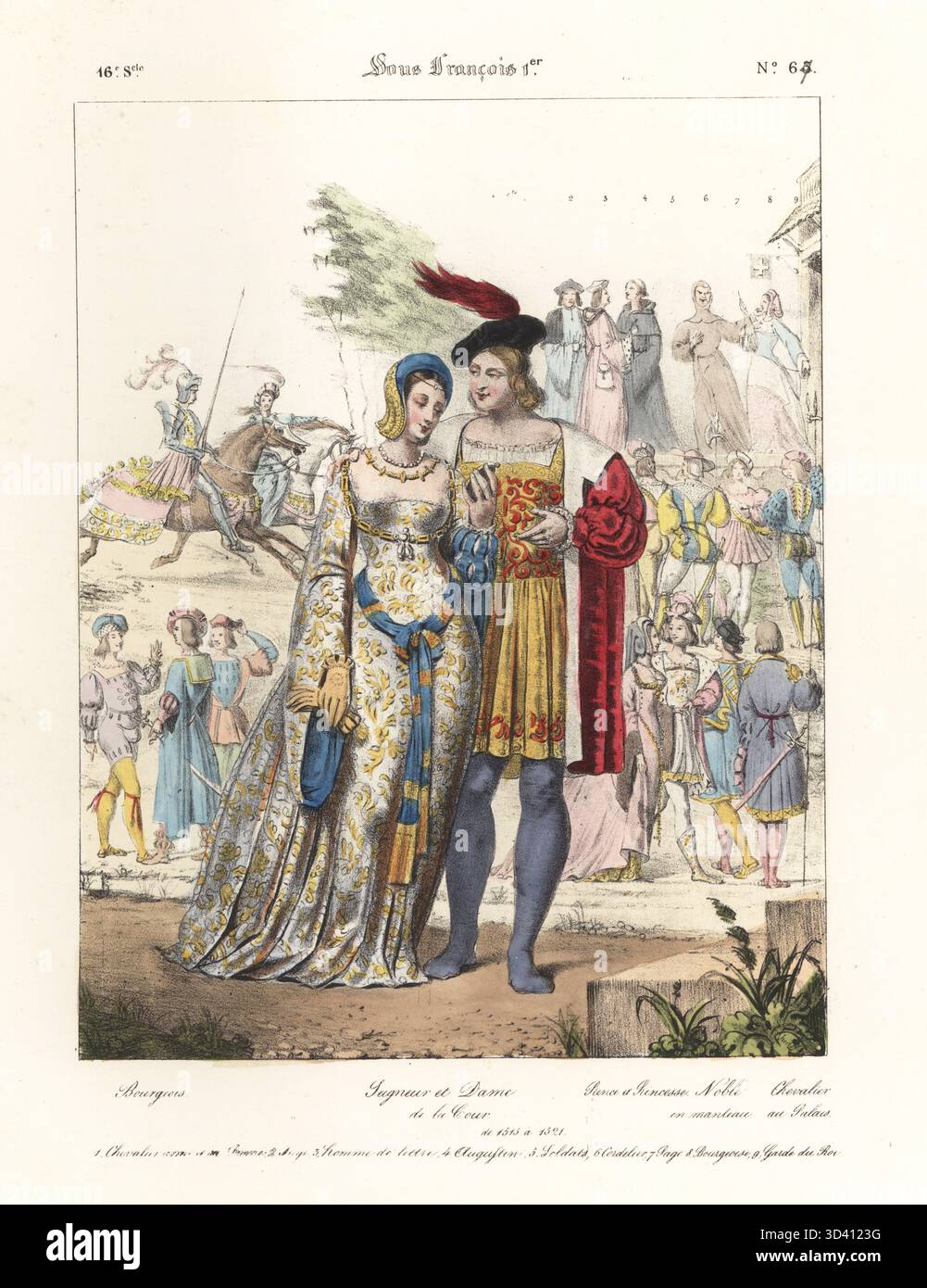 Courtisans à la cour du roi François Ier de France, 1515-21. Seigneur en casquette à plumes, cape doublée de fourrure, doublet d'armoirie et tuyau, dame en robe brodée avec manches complètes. Bourgeois, Seigneur et Dame de la Cour, Prince et Princesse, Noble en manteau, Chevalier au Palais. Sous François 1. Lithographie coloriée à la main par Godard d'après une illustration de Charles Auguste Herbé à partir de ses propres costumes Français, civils, militaires et religieux, costumes Français, civil, militaire et religieux, Maison Martinet, Paris, 1837. Banque D'Images
