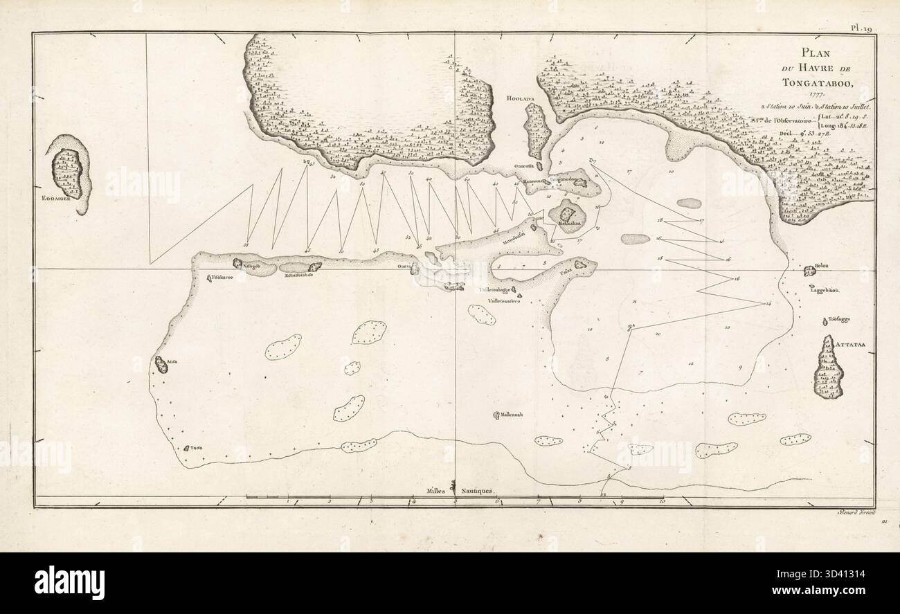 Carte du port de Tongatapu, Tonga. Plan du Havre de Tongataboo, 1777. Gravure sur cuivre réalisée par Robert Benard d'après une illustration de John Webber tirée de la traduction française du troisième voyage du capitaine James Cook, Troisieme voyage de Capitaine Cook, Hôtel de Thou, Paris, 1785. Banque D'Images
