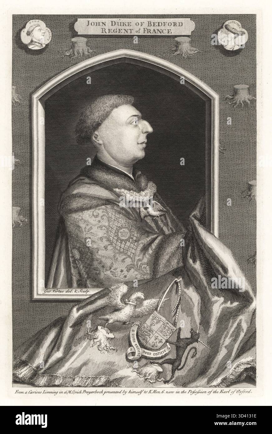 Jean de Lanccaster, duc de Bedford, régent de France, 1389-1435. Portrait de profil dans un manteau brodé avec collier en or et colombe du manuscrit Bedford Hours. Avec son écusson, ses armoiries et son insigne héraldique de stocks de bois (souches d'arbres). Gravure sur cuivre dessinée et gravée par George Vertue de ses têtes des rois d'Angleterre, propre à l'histoire de M. Rapin, traduite par N. Tindal, imprimée pour James, John et Paul Knapton, Londres, 1736. Banque D'Images
