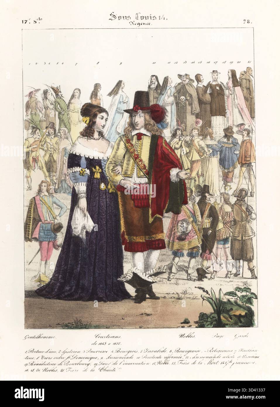 Courtisans sous le règne du roi Louis XIV, XVIIIe siècle. Homme en chapeau à plumes, cape, veste et pantalon à volants, bottes avec dentelle. Gentilhomme, courtisans, nobles, page, Garde. Sous Louis 14 Régence. Lithographie coloriée à la main par Godard d'après une illustration de Charles Auguste Herbé à partir de ses propres costumes Français, civils, militaires et religieux, costumes Français, civil, militaire et religieux, Maison Martinet, Paris, 1837. Banque D'Images