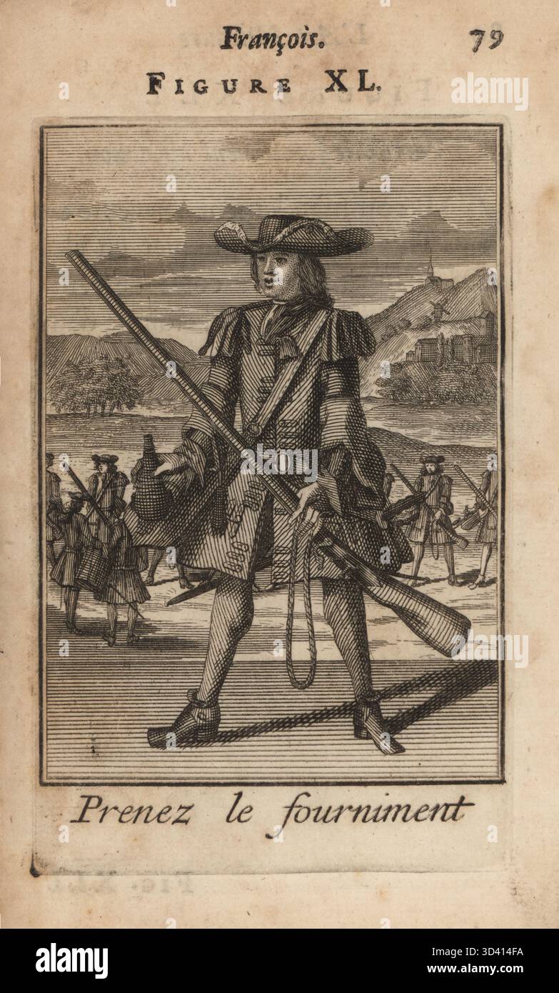 Soldat français tenant la corne de poudre à canon de son mousquet à allumettes. Mousquetaire en tricorne, manteau militaire avec épaulettes, poche de poudre à canon, tuyau et chaussures en cuir. Pressez le fourniment. Gravure sur cuivre par Pierre Giffart de L'Art militaire Francois pour l'infanterie, Pierre Giffart, Paris, 1696. Livre d'exercices militaires français du XVIIe siècle pour l'infanterie couvrant mousquet, brochet, épée et grenade. Banque D'Images