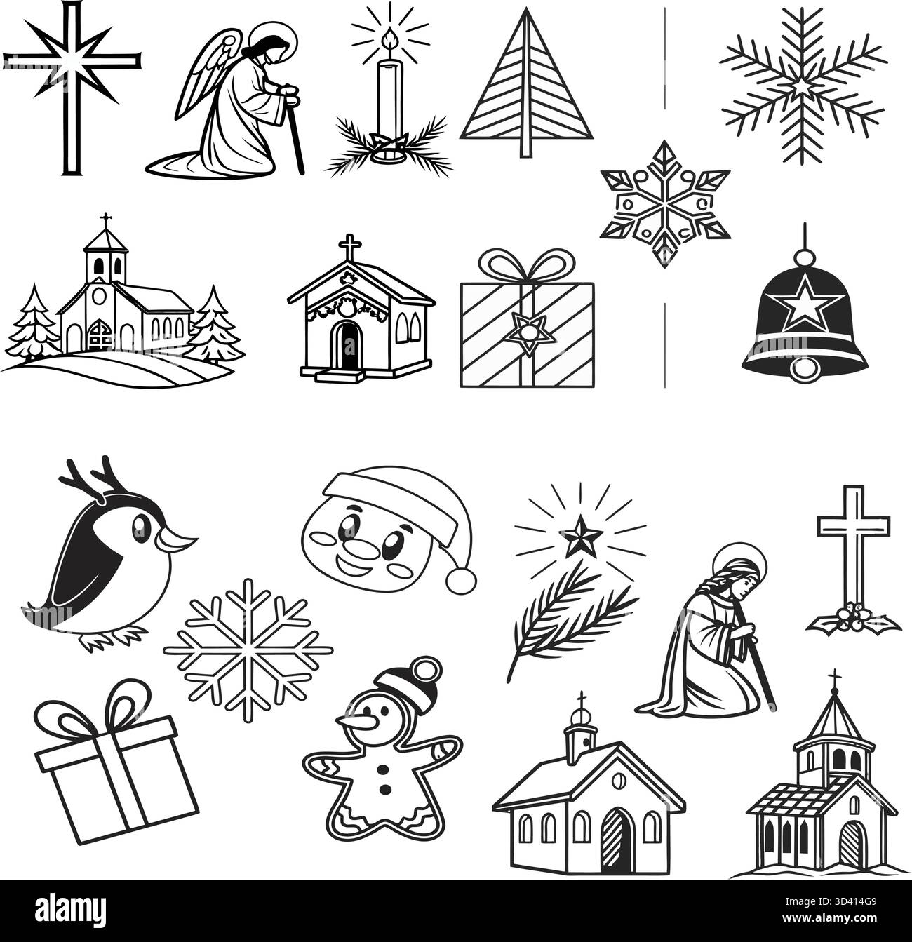 paysage de noël paisible avec des pins, la lune et le traîneau de père noël volant - style de silhouette vectoriel monochrome. Illustration de Vecteur