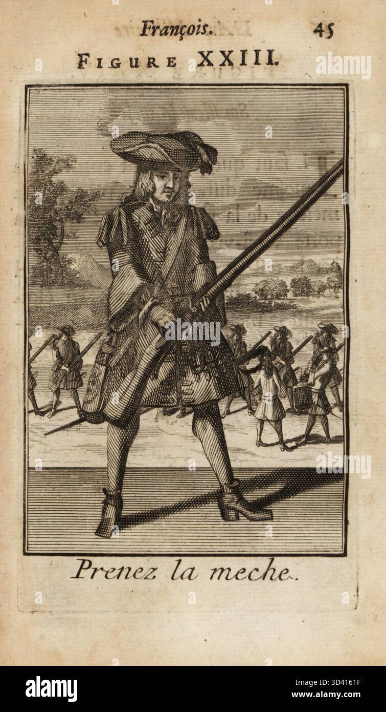 Mousquetaire français tenant le match lent de son mousquet à matchlock. Soldat en tricorne, manteau militaire avec épaulettes, poche de poudre à canon, tuyau et chaussures en cuir. Prénez la meche. Gravure sur cuivre par Pierre Giffart de L'Art militaire Francois pour l'infanterie, Pierre Giffart, Paris, 1696. Livre d'exercices militaires français du XVIIe siècle pour l'infanterie couvrant mousquet, brochet, épée et grenade. Banque D'Images
