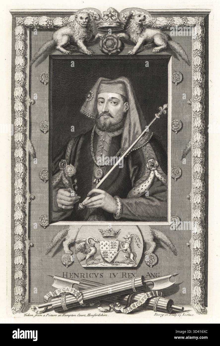 Henri IV, Henry Bolingbroke, roi d'Angleterre, 1367-1413. Roi en chaperon orné de bijoux, doublet doublé d'hermine, tenant sceptre et rose. Avec crête de lions, blason, fasces avec rubans Lancaster. Henricus IV Rex Ang. D'après un tableau de Hampton court. Gravure sur cuivre dessinée et gravée par George Vertue de ses têtes des rois d'Angleterre, propre à l'histoire de M. Rapin, traduite par N. Tindal, imprimée pour James, John et Paul Knapton, Londres, 1736. Banque D'Images