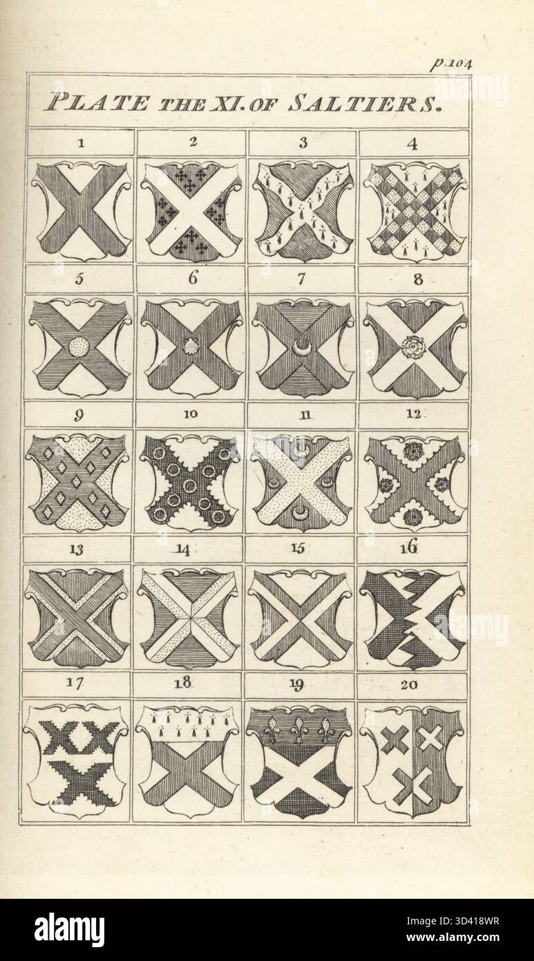 Différents types de saltiers en héraldique. Andrews croisent, avec Bend et Bend sinister se croisant. Planche XI de Saltiers. Gravure sur cuivre tirée de The Elements of Heraldry de Mark Anthony Porny, T. Carnan, Londres, 1771. M. Porny, Antoine Pyron du Martre, était maître français au Collège d'Eton. Banque D'Images