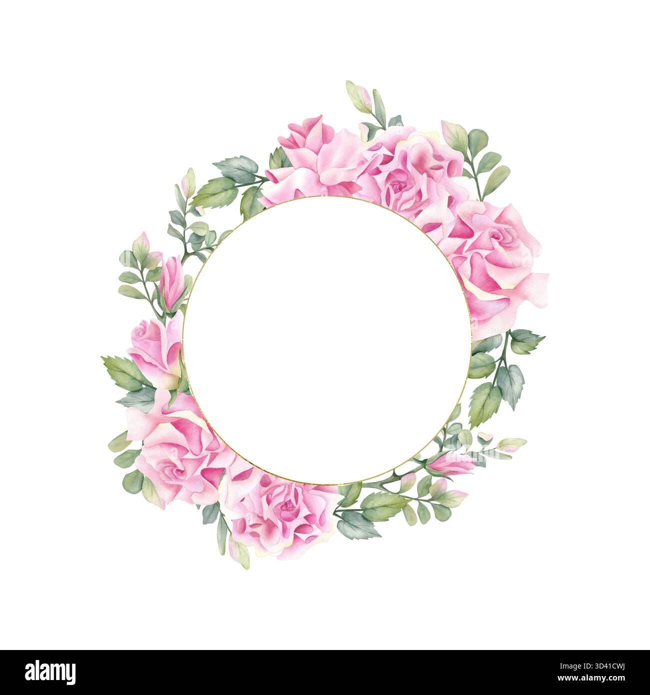 Cadre rond avec rose rose. Fleur d'aquarelle, composition florale de printemps, modèle de cercle vide. Couronne botanique d'élégance avec des feuilles. Illustration Banque D'Images
