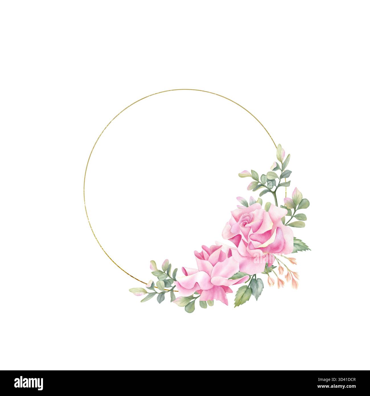 Cadre rond doré rose. Fleur d'aquarelle, couronne florale de printemps, modèle de cercle. Élégance frontière botanique avec feuilles. Illustration isolée Banque D'Images