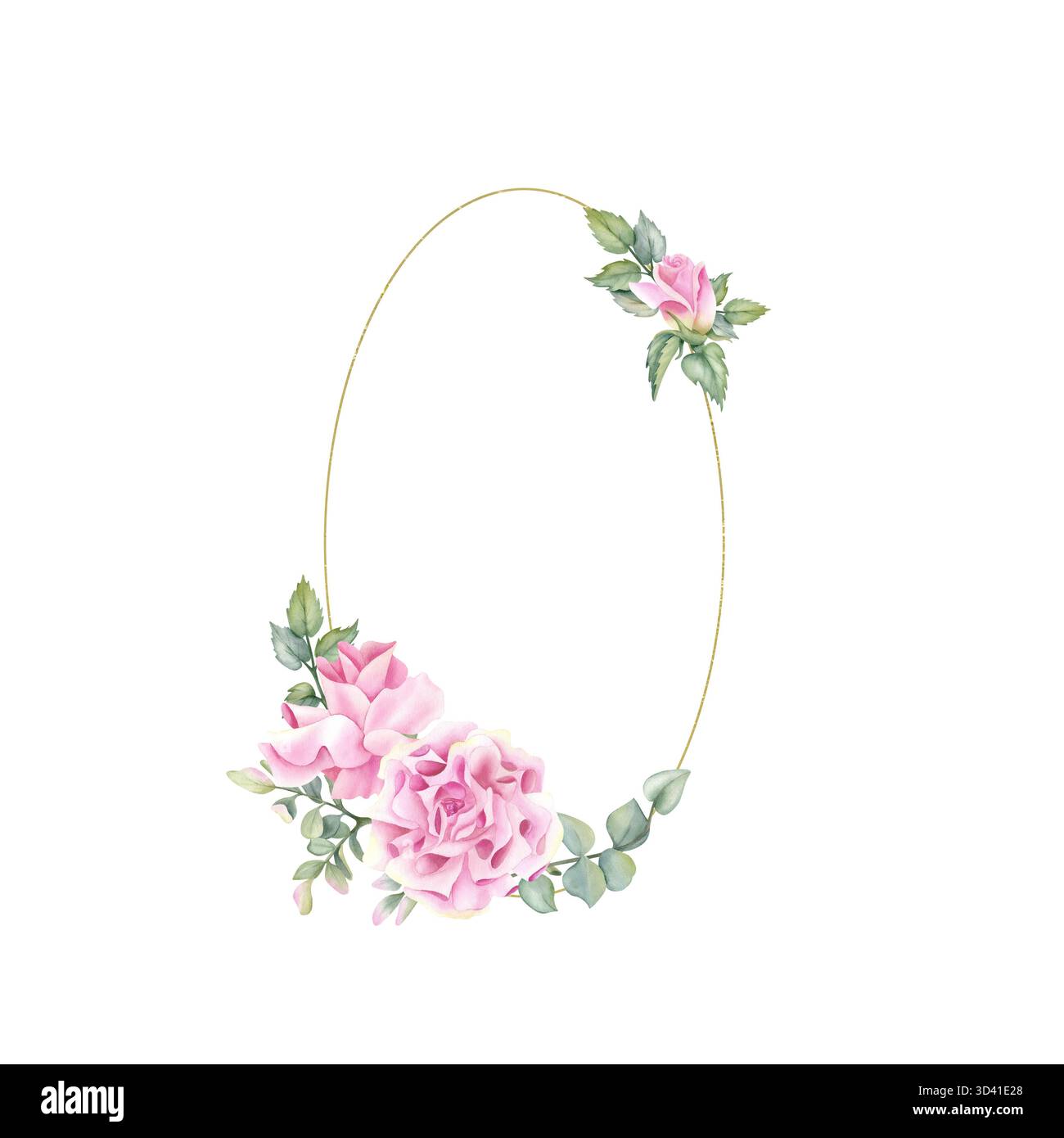 Cadre ovale doré rose. Couronne florale de fleur d'aquarelle, modèle rond. Bordure avec feuilles, eucalyptus, pistache. Illustration dorée isolée Banque D'Images