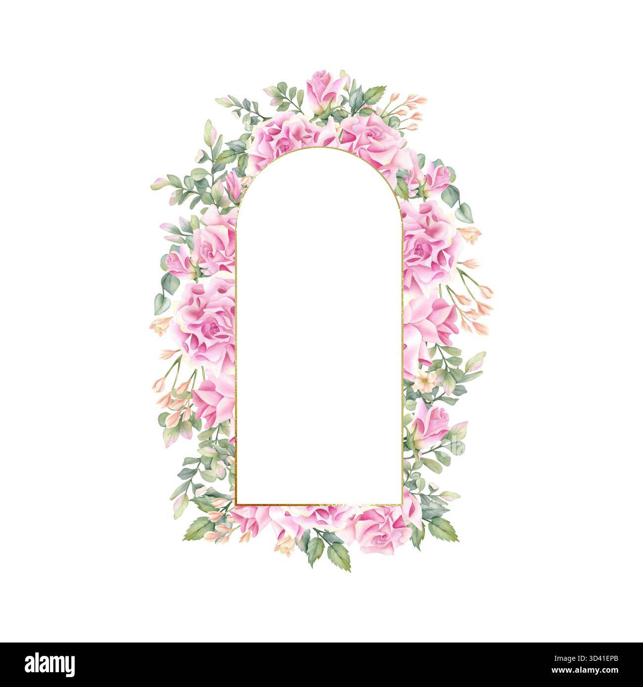 Arche cadre doré avec fleur rose. Couronne d'arc floral aquarelle, modèle art déco. Bordure avec feuilles de pistache, freesia. Mince or isolé courbé Banque D'Images