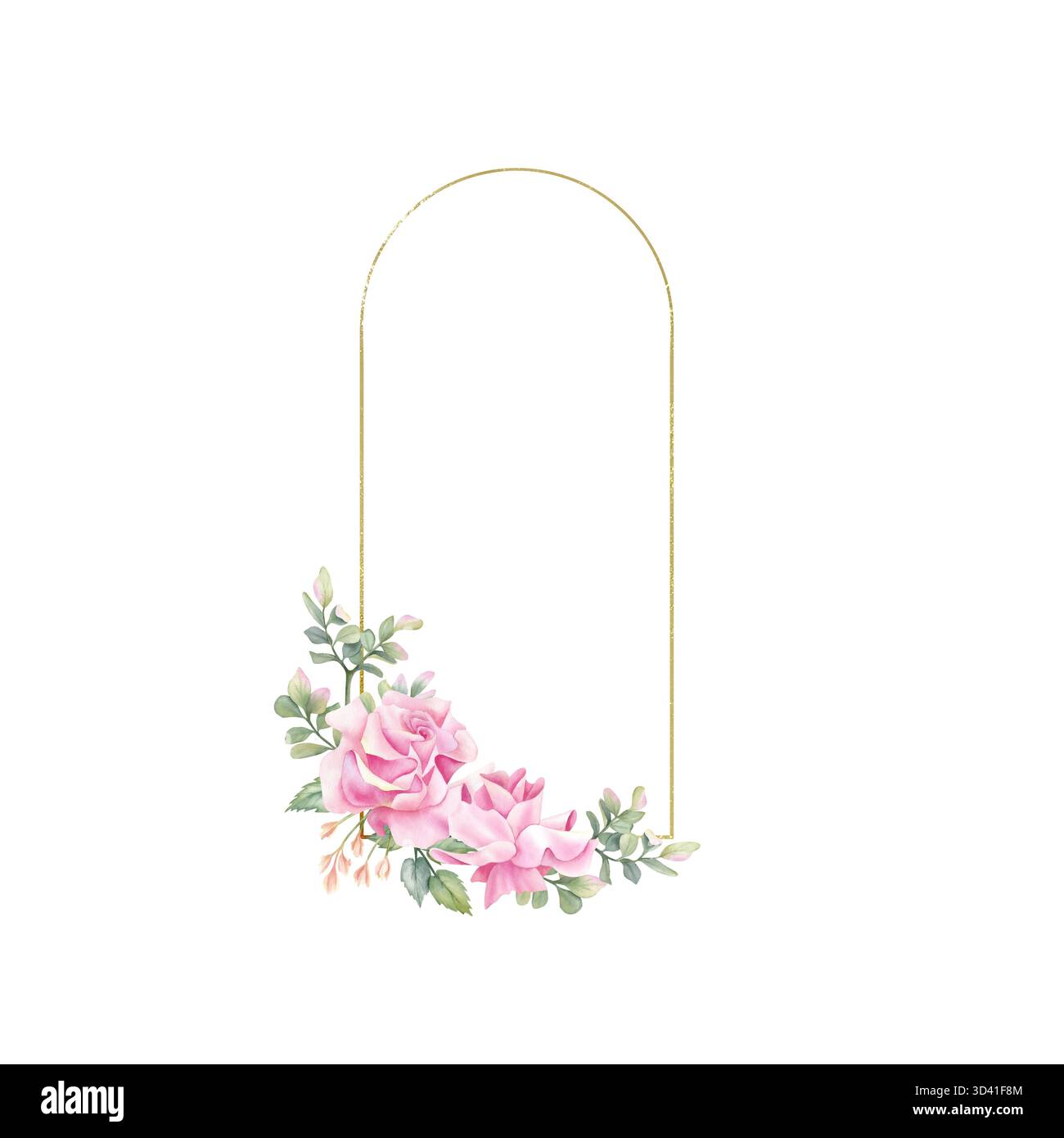 Arche dorée cadre linéaire rose fleur. Couronne d'arc floral aquarelle, modèle art déco. Frontière avec feuilles, freesia. Ligne courbe mince or isolée Banque D'Images