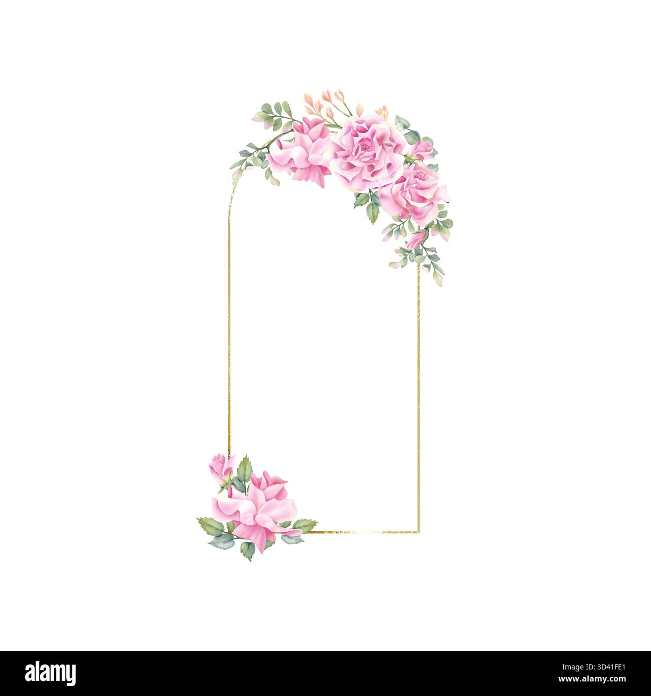 Arche dorée cadre rose fleur. Couronne d'arc floral aquarelle, modèle art déco. Bordure linéaire avec feuilles. Décoration aux lignes incurvées fines isolées Banque D'Images