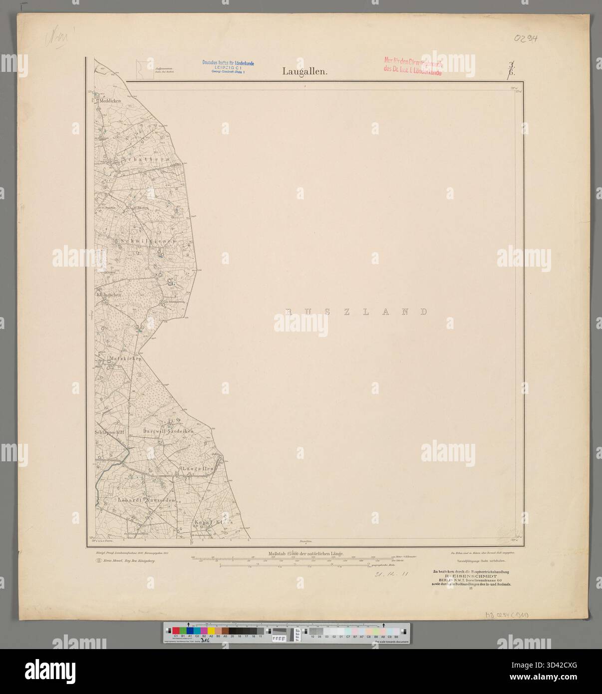 Cette carte Messtischblatt de 1911 de Laugallen, créée par la Königlich Preußische Landesaufnahme, est mise à l'échelle à 1 :25,000. Il fait partie d'une série de cartes militaires et administratives utilisées en Prusse pour représenter les caractéristiques géographiques et les détails du terrain. Banque D'Images