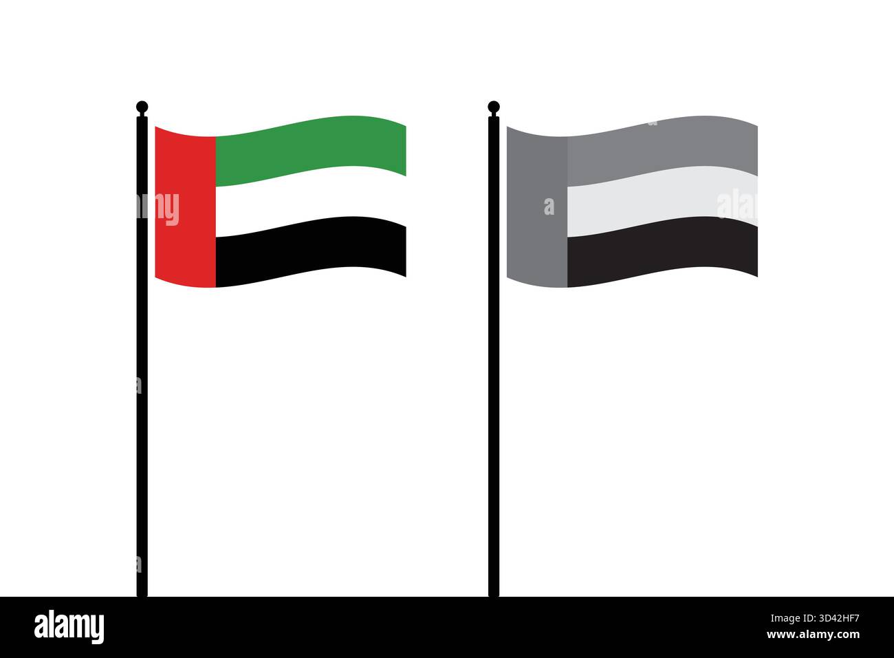 Drapeau des Émirats arabes Unis aux couleurs vives et une version en niveaux de gris colorés affichés sur des poteaux, sur fond blanc et net Illustration de Vecteur