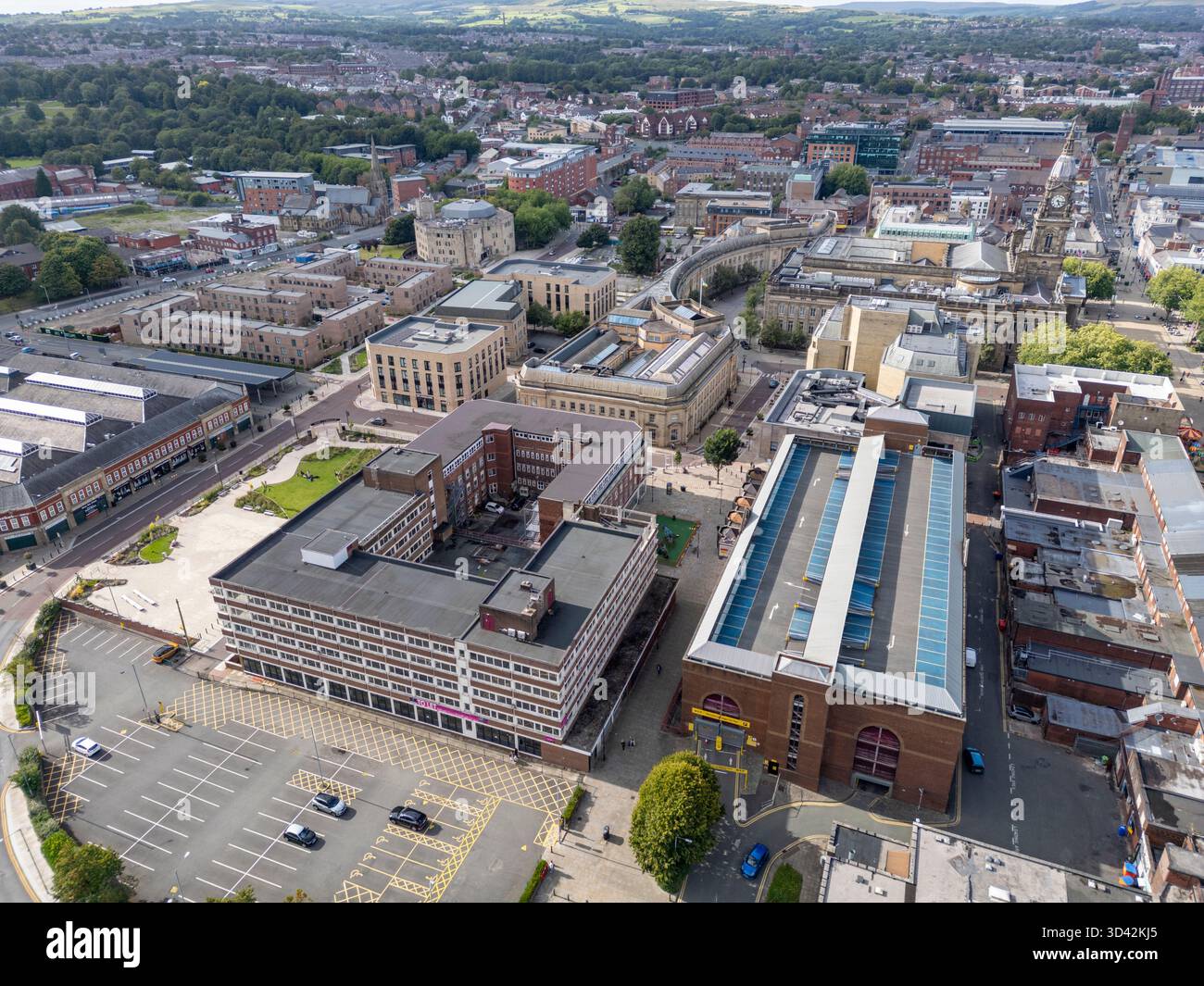 Vue aérienne du centre-ville de Bolton, Lancashire, Royaume-Uni. Banque D'Images