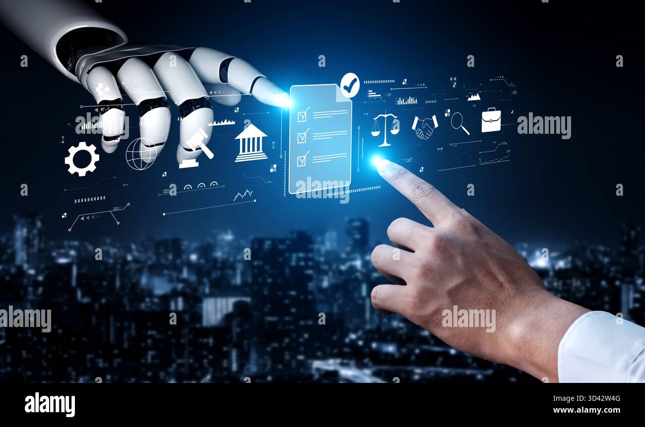 Utilisation de l'IA pour la conformité réglementaire et l'analyse des accords juridiques commerciaux. Un concept d'IA pour répondre aux normes et réviser les contrats. Motif Banque D'Images