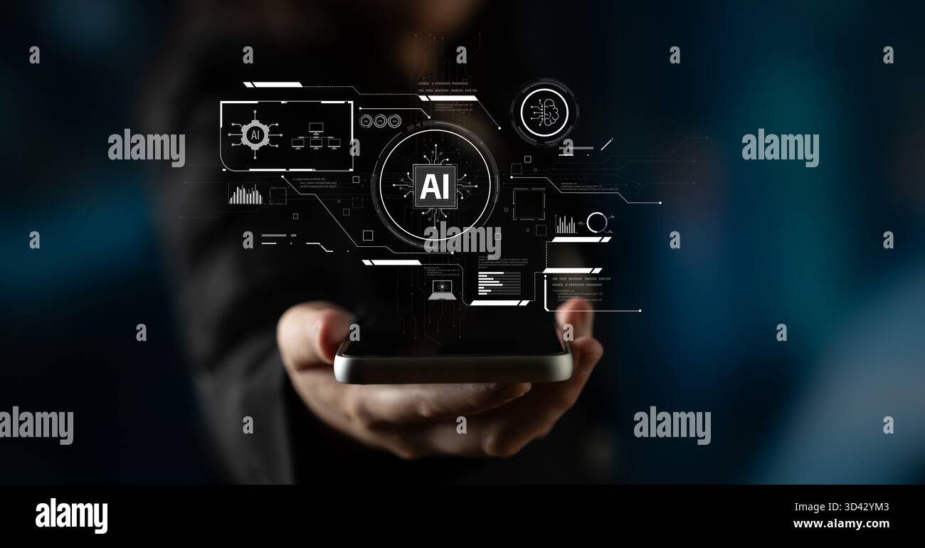 Interface IA montrant comment l'intelligence artificielle alimente les systèmes. IA L'intelligence artificielle transforme les données, permet l'automatisation et l'IA artificielle Banque D'Images