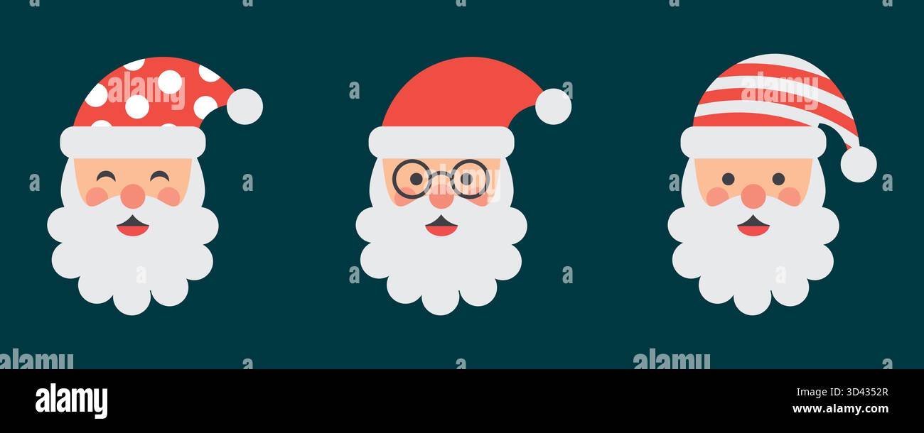 Ensemble d'icônes de dessin animé mignon avec le visage du Père Noël. Autocollants de Noël. Illustration vectorielle Illustration de Vecteur