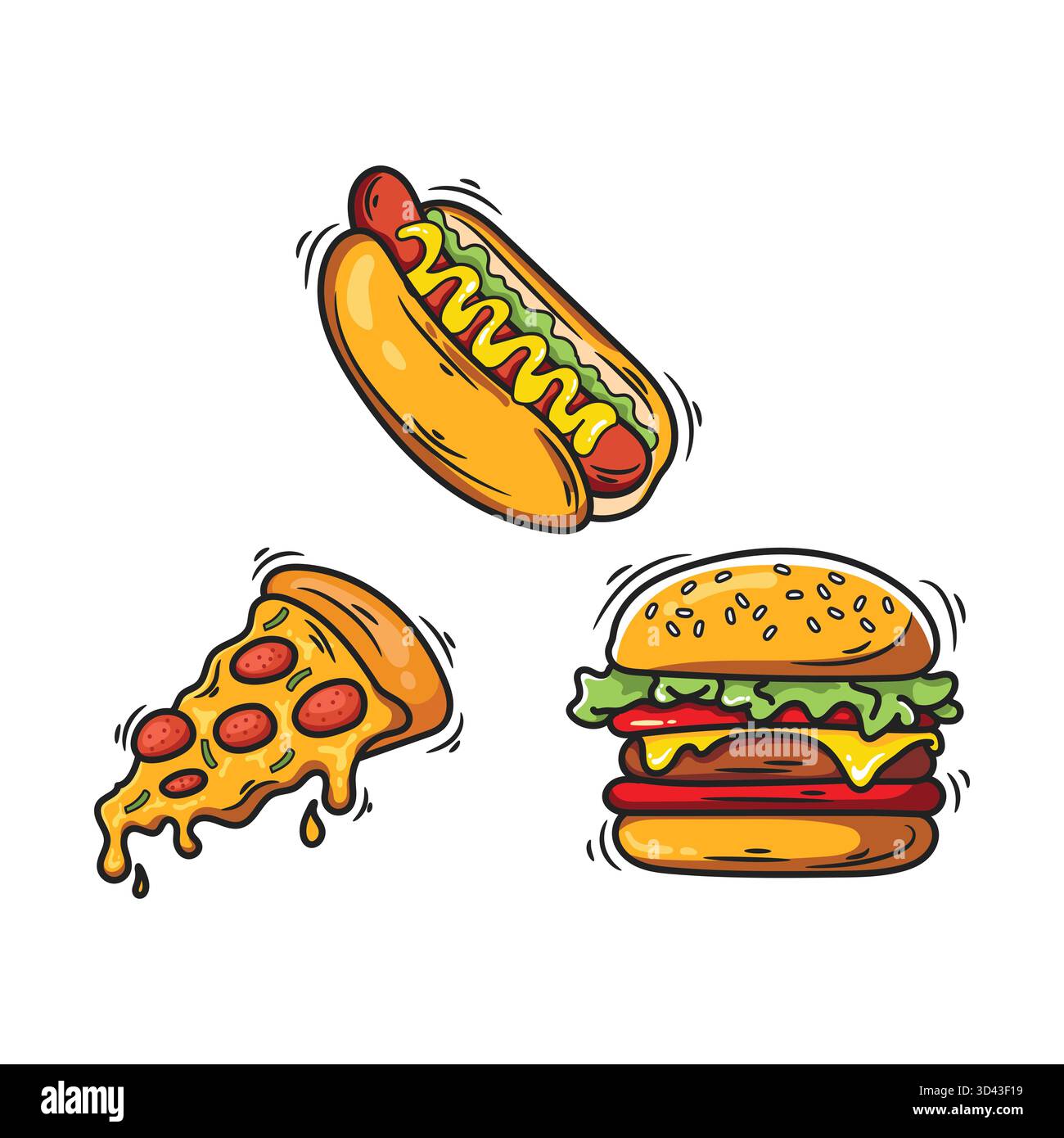 Cute Fast Food Trio illustration vectorielle mettant en vedette Hot Dog, Pizza Slice et Hamburger avec des lignes de mouvement sur fond blanc Banque D'Images
