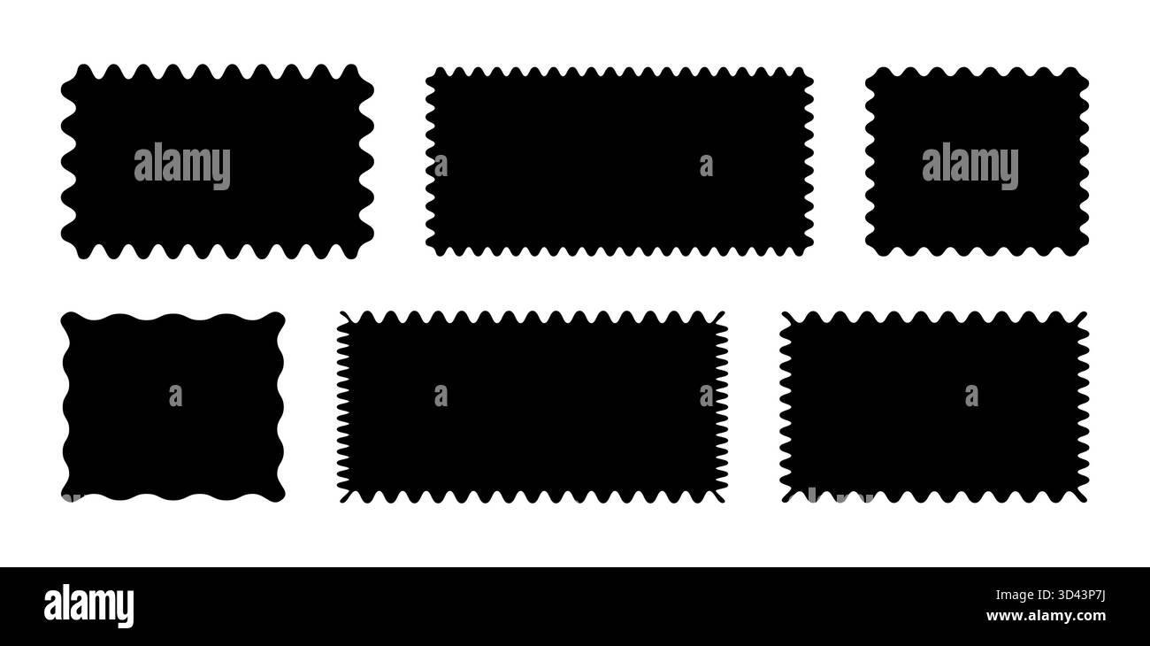 Arrière-plans rectangulaires avec bordures ondulées. Tags carrés noirs, boîtes de texte vides, étiquettes, timbres, craquelins, coupons avec courbes, squiggly Illustration de Vecteur