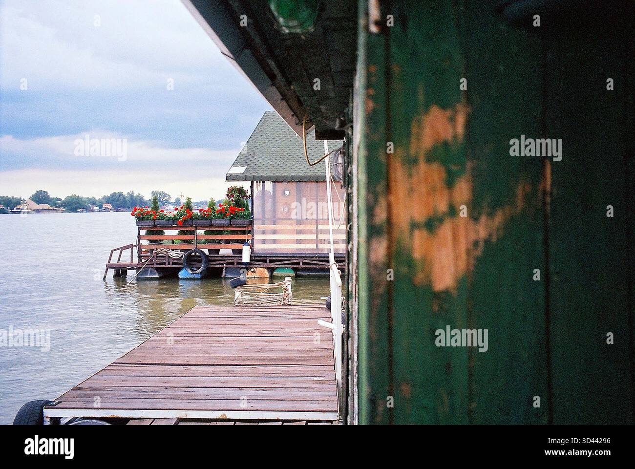 Vue d'un radeau avec une balustrade ornée de fleurs rouges, le premier plan montre un mur de bois vert rayé, une scène analogue de rivière calme. Banque D'Images