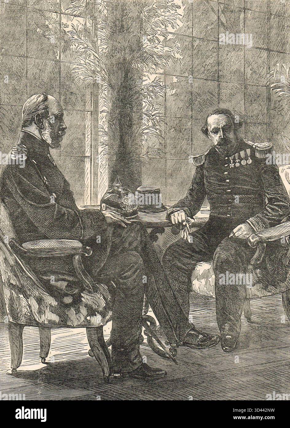 Rencontre de Napoléon III et du roi de Prusse, après la défaite française à la bataille de Sedan pendant la guerre franco-prussienne Banque D'Images