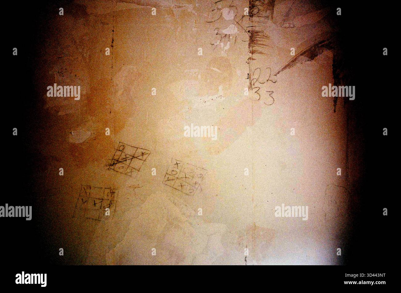 Surface en bois avec des chiffres écrits au crayon et plusieurs jeux TIC-tac-toe, aspect analogique texturé, détail rustique simple. Banque D'Images