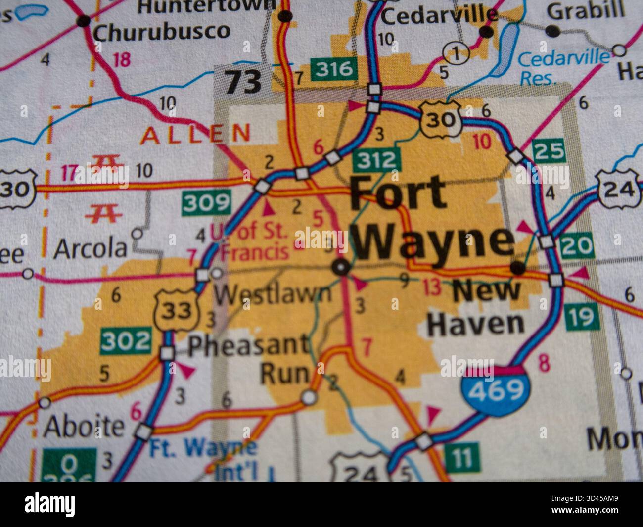 Carte routière métropolitaine de Fort Wayne, Indiana avec boucle I-69 et I-469 Banque D'Images
