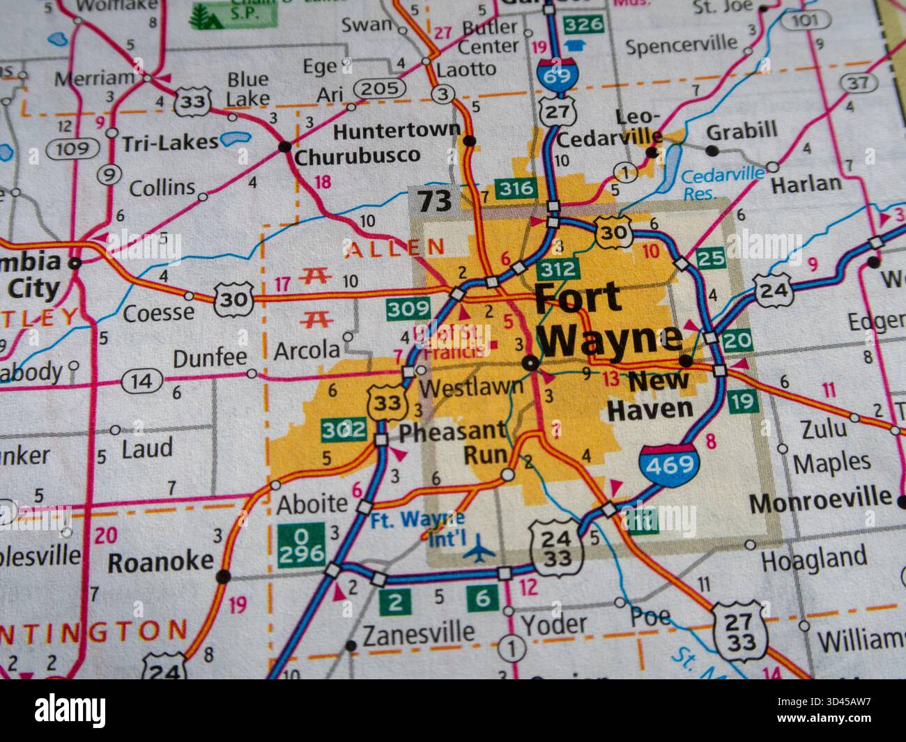 Carte routière métropolitaine de Fort Wayne, Indiana avec boucle I-69 et I-469 Banque D'Images