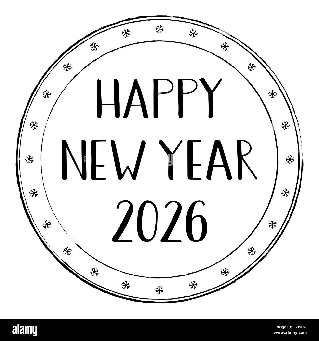 Bonne année 2026. Tampon avec texte manuscrit. Conception de carte de vœux ou de carte postale. Lettrage avec des lignes épaisses et fines.Noir et blanc. Illustration de Vecteur