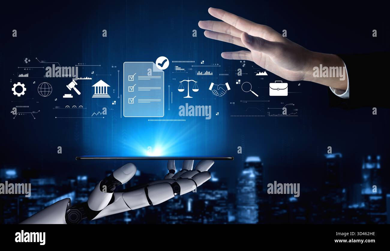 Utilisation de l'IA pour la conformité réglementaire et l'analyse des accords juridiques commerciaux. Un concept d'IA pour répondre aux normes et réviser les contrats. Motif Banque D'Images