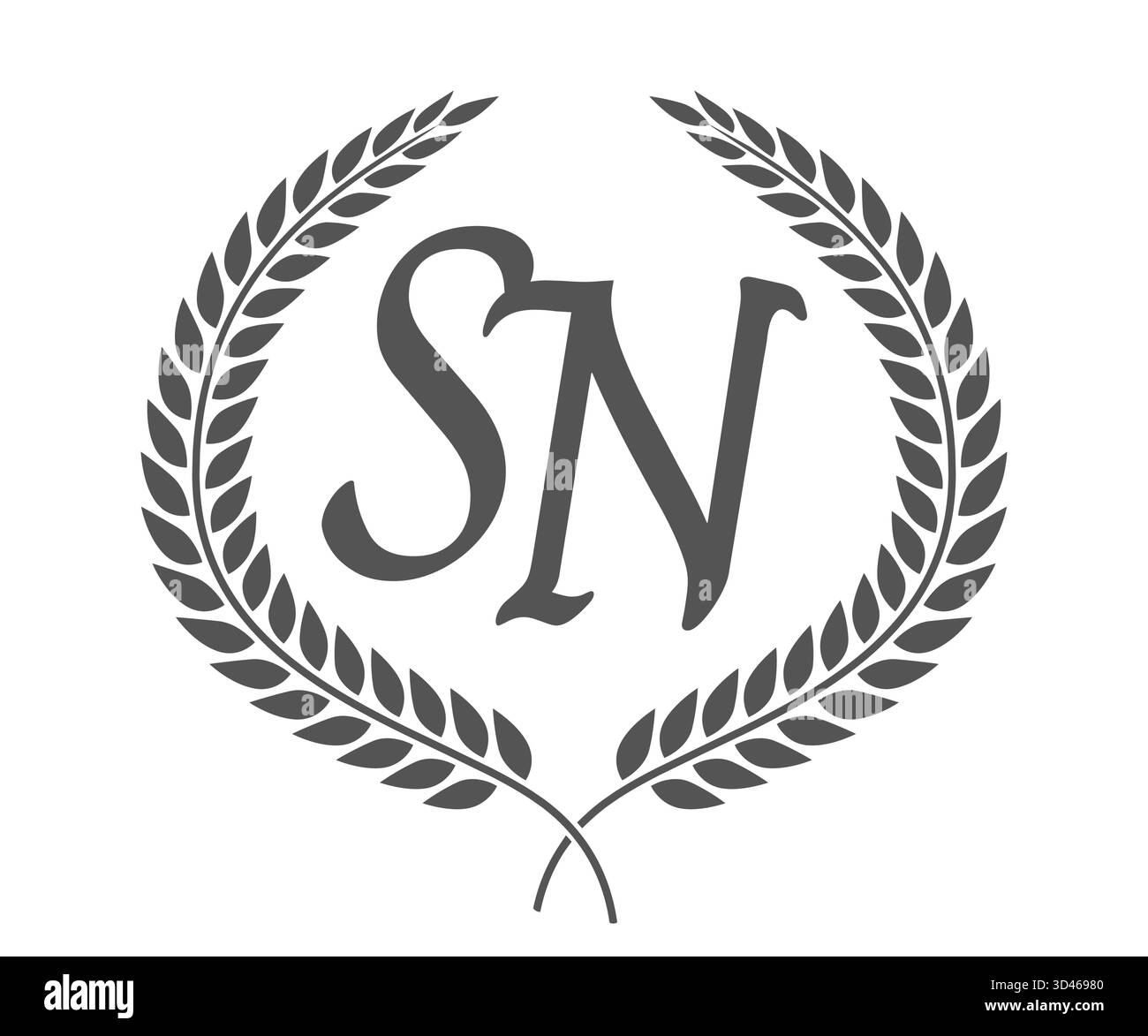 Lettre initiale S et N, logo SN monogramme avec couronne de laurier. Emblème de luxe avec police calligraphie. Illustration de Vecteur