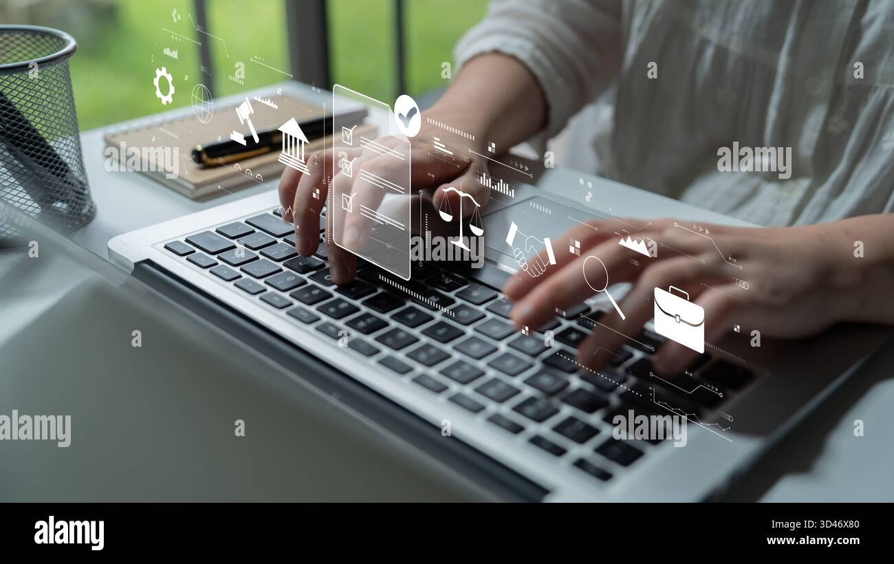 Processus visant à assurer la conformité réglementaire et à finaliser les accords juridiques commerciaux. Concept de respect des normes, de diligence raisonnable et de contrats Banque D'Images