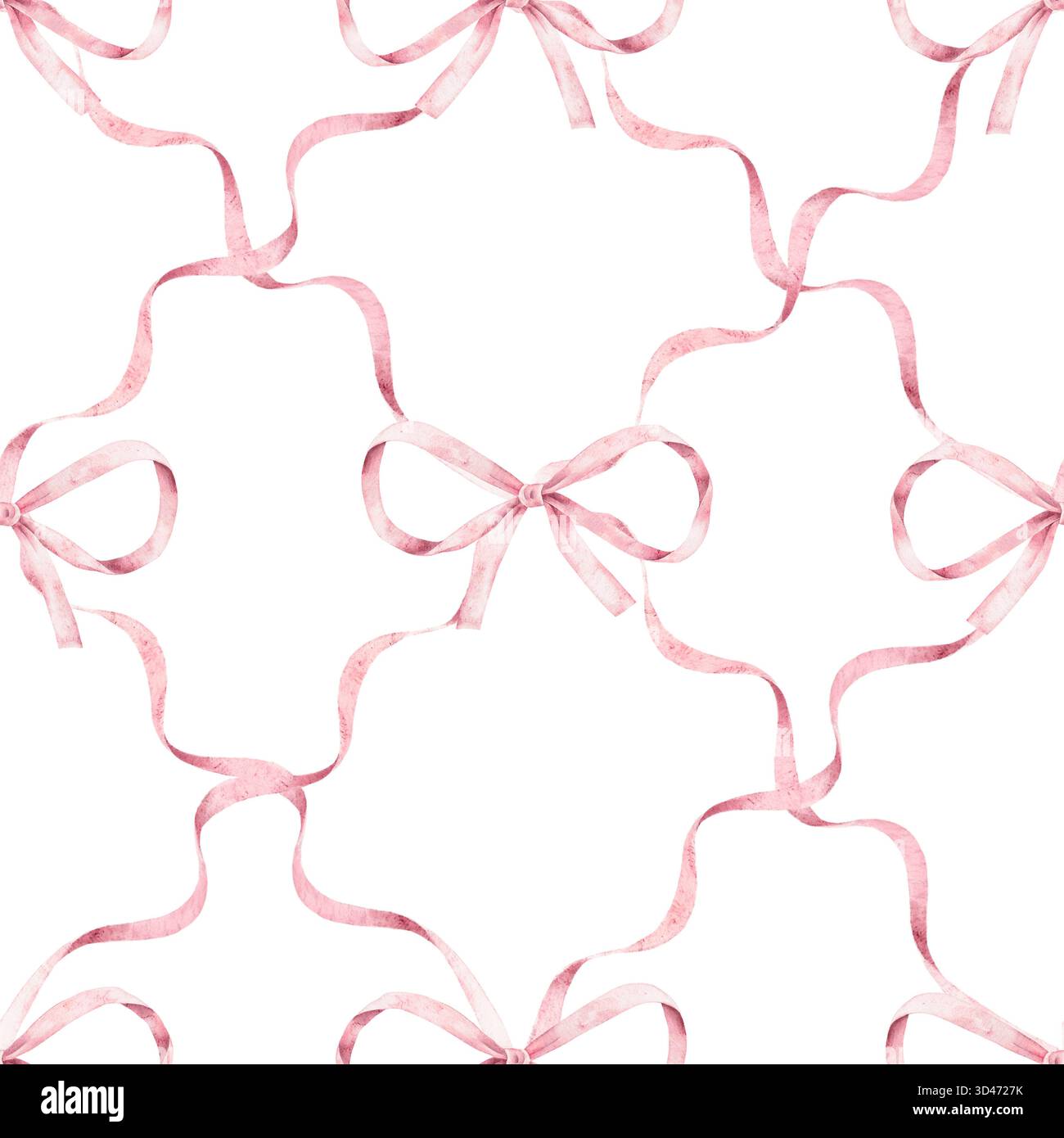 Motif sans couture avec des rubans et des noeuds aquarelle pastel. Ornement dessiné à la main avec des lignes courbes douces dans des couleurs roses. Pour l'emballage cadeau, occasi festif Banque D'Images