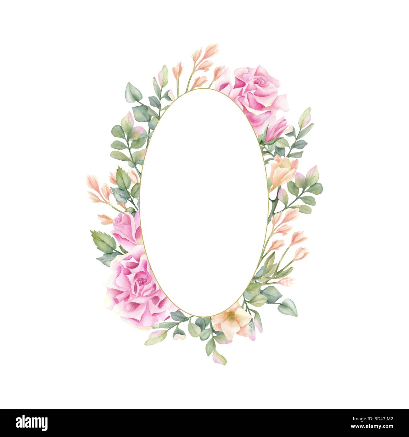 Cadre doré ovale avec fleur de freesia rose de couleur pastel. Couronne florale aquarelle, modèle. Bordure avec feuilles de pistache. Ligne mince or isolée Banque D'Images