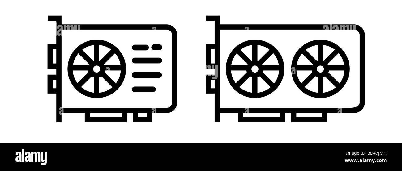 Icônes simples à contour noir représentant un processeur graphique ou une carte vidéo avec un ventilateur de refroidissement simple ou double pour les jeux informatiques Illustration de Vecteur