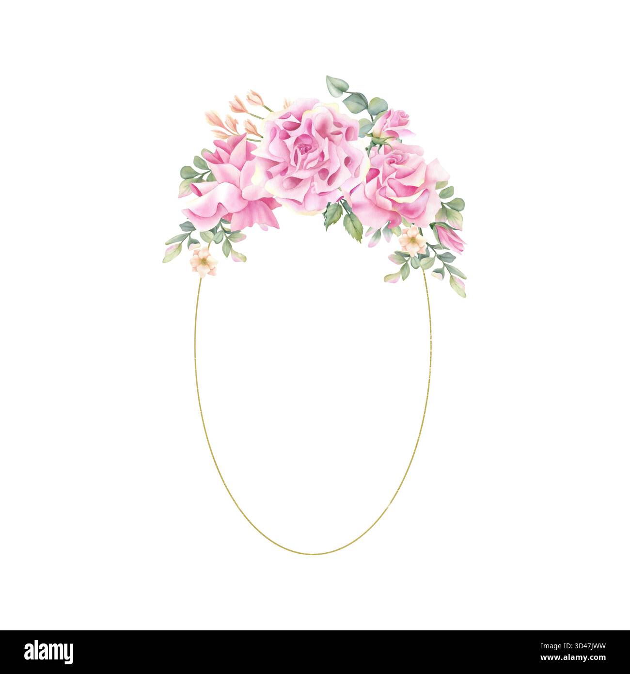 Cadre doré ovale avec fleur de freesia rose de couleur pastel. Couronne ellipse florale aquarelle. Bordure avec feuilles de pistache. Modèle de mariage isolé Banque D'Images