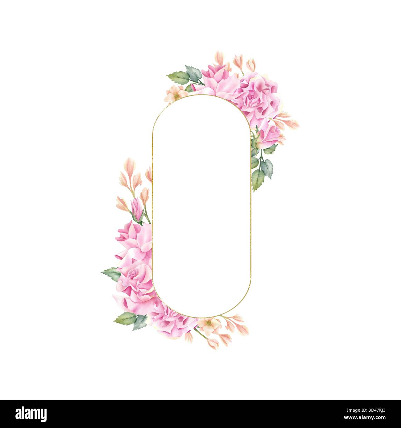 Ellipse oblongue cadre doré avec fleur de rose. Couronne courbée florale aquarelle, modèle art déco. Bordure avec feuilles de pistache, freesia. Or isolé Banque D'Images