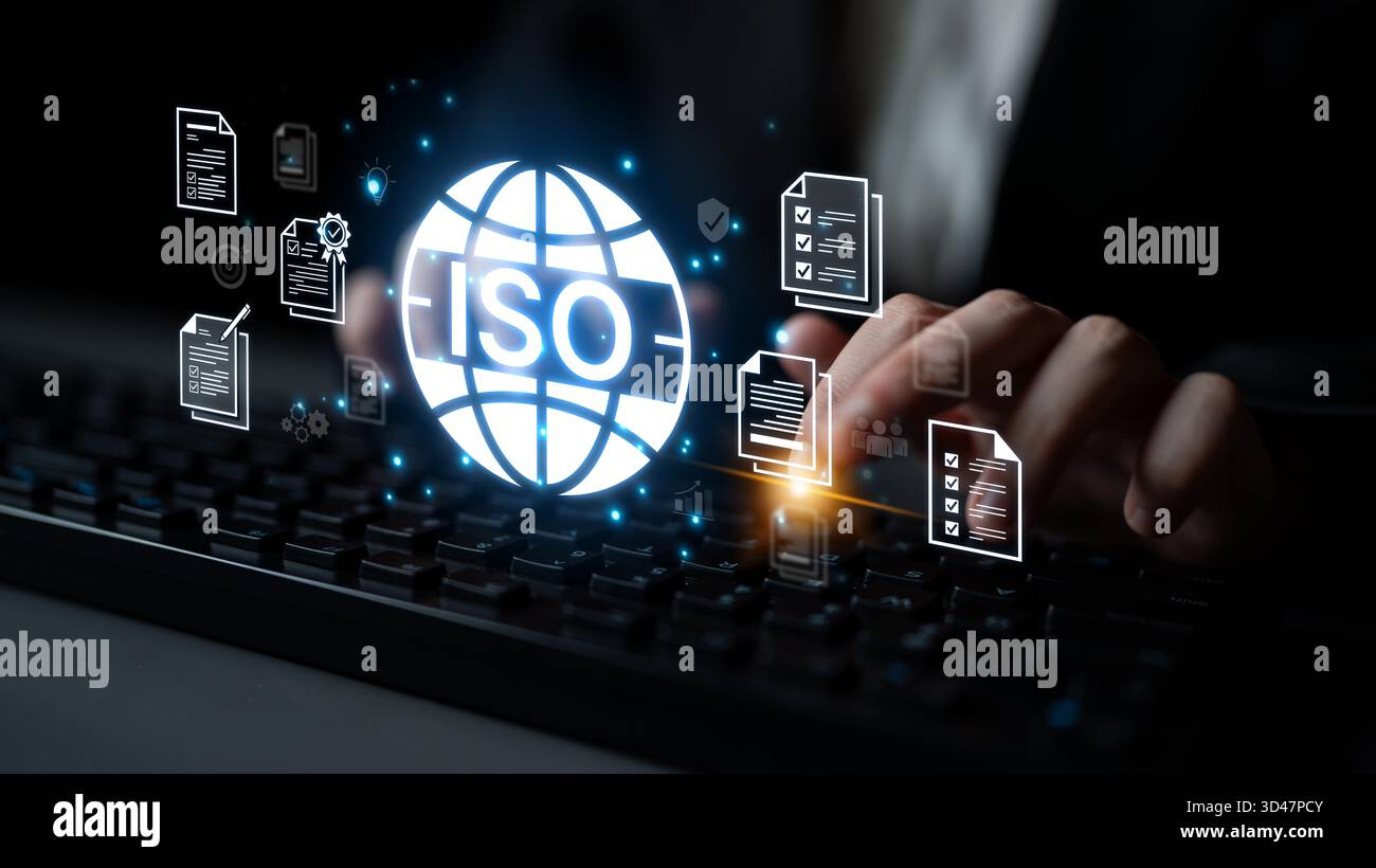 Concept de certification ISO pour la gestion de la qualité des entreprises. Cette norme internationale garantit la conformité, le contrôle des processus et l'assurance pour Banque D'Images