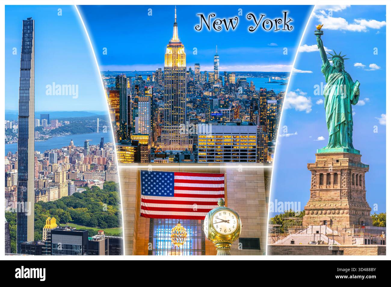 Carte postale des monuments pittoresques de New York avec étiquette. États-Unis d'Amérique Banque D'Images