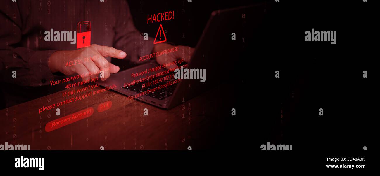 Un homme avec son ordinateur portable et avertissement de piratage, détection de connexion non autorisée sur l'interface numérique. Violation de mot de passe, compromission de compte, vol d'identité, cyb Banque D'Images