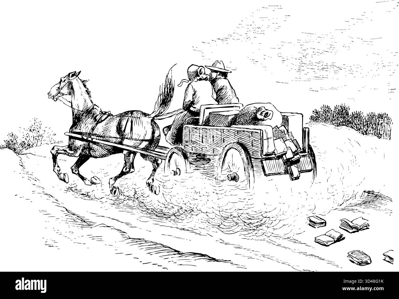 Un couple roulant à grande vitesse, seul cheval tiré en calèche, rapide, avec un nuage de poussière, des livres tombant derrière. Dessin au trait Vintage monochrome Illustration de Vecteur