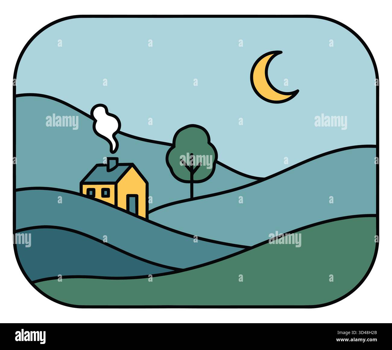 Illustration stylisée de House on Hill Under Crescent Moon avec fumée de cheminée Illustration de Vecteur