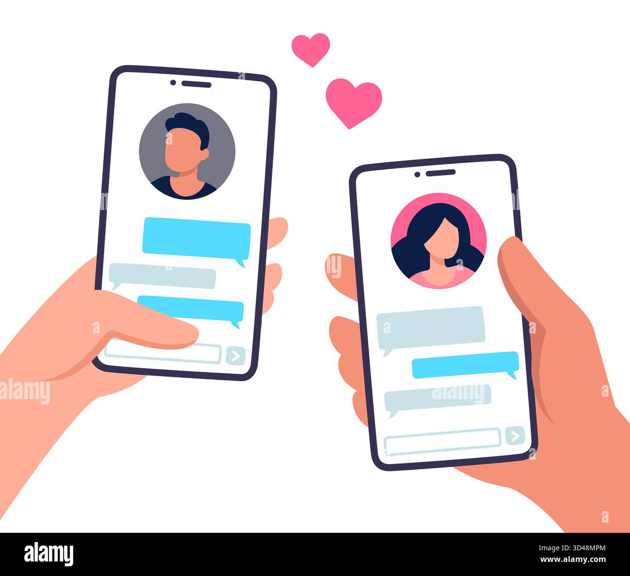 Couple en texte d'amour. Smartphones avec messagerie instantanée pour hommes et femmes. Relation d'application de datation en ligne. Illustration de Vecteur
